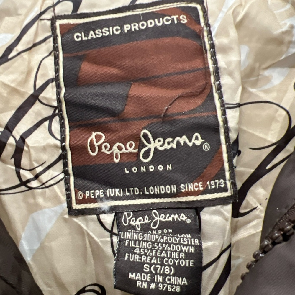 Pepe Jeans London Men’s Brown Long Down Coat Jacket S Real Coyote Fur - Picture 3 of 13